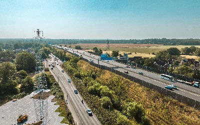 An aerial view of the M4 at the location where the new power line will be installed during the weekend closure