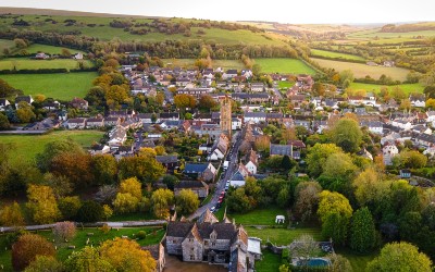 An aerial view of the centre of Cerne Abbas village