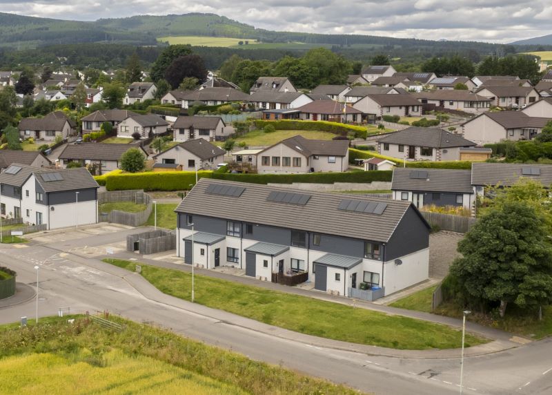An aerial picture of new homes fitted with low-carbon technologies